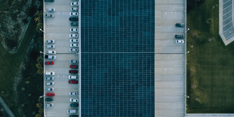 Aerial view of parking lot.